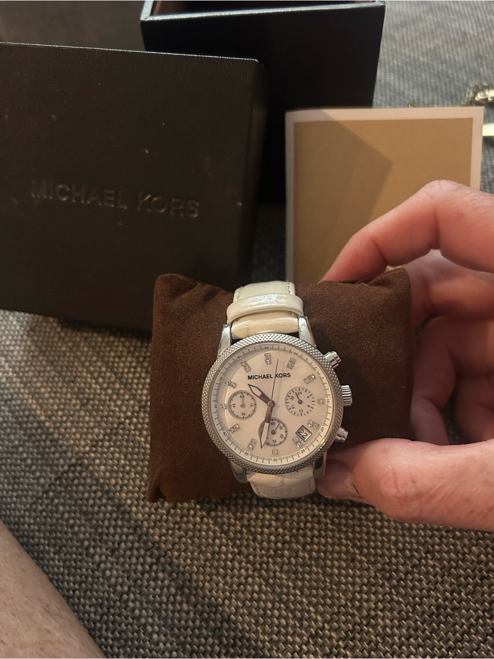 Michael Kors Womens Quartz Silver Case Watch with White Leather Strap